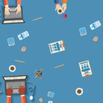 Immagine che rappresenta elementi stilizzati di oggetti e situazioni che avvengono sulle postazioni di lavoro. Nell'immagine sono rappresentate delle situazioni simboliche di lavoro che coinvolgono persone che appartengono alle diverse categorie: donne, uomini, persone di origine straniera, persone con disabilità