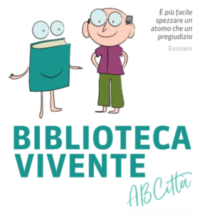 Immagine che rappresenta il logo di biblioteca vivente: un disegno che rappresenta una persona in piedi di fronte ad un libro con sembianze umane